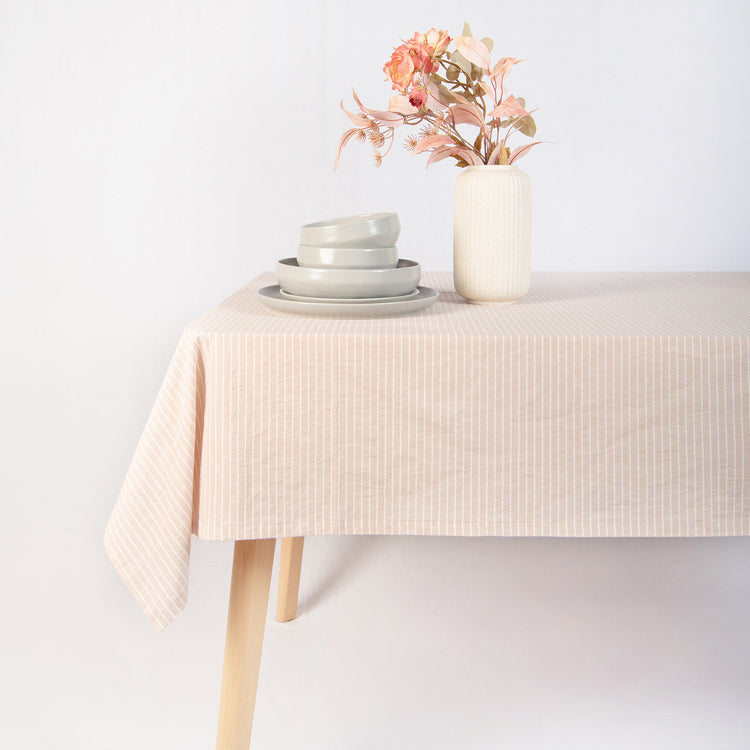 tablecloth cotton stonewashed beige white stripes rectangle