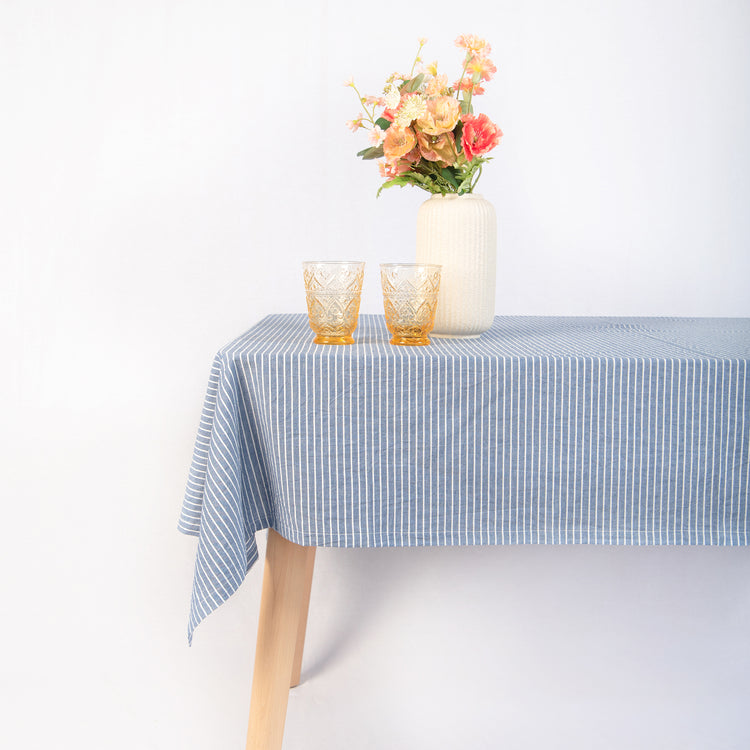 tablecloth cotton stonewashed blue white stripes rectangle