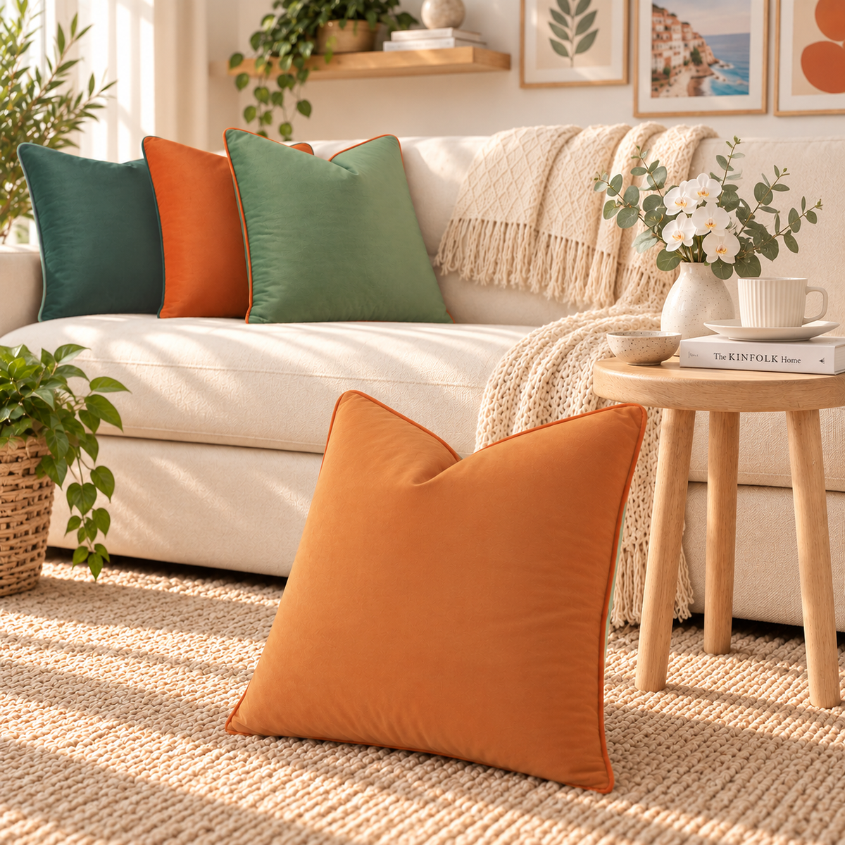 velvet piping decorative throw pillow covers coral sage green orange