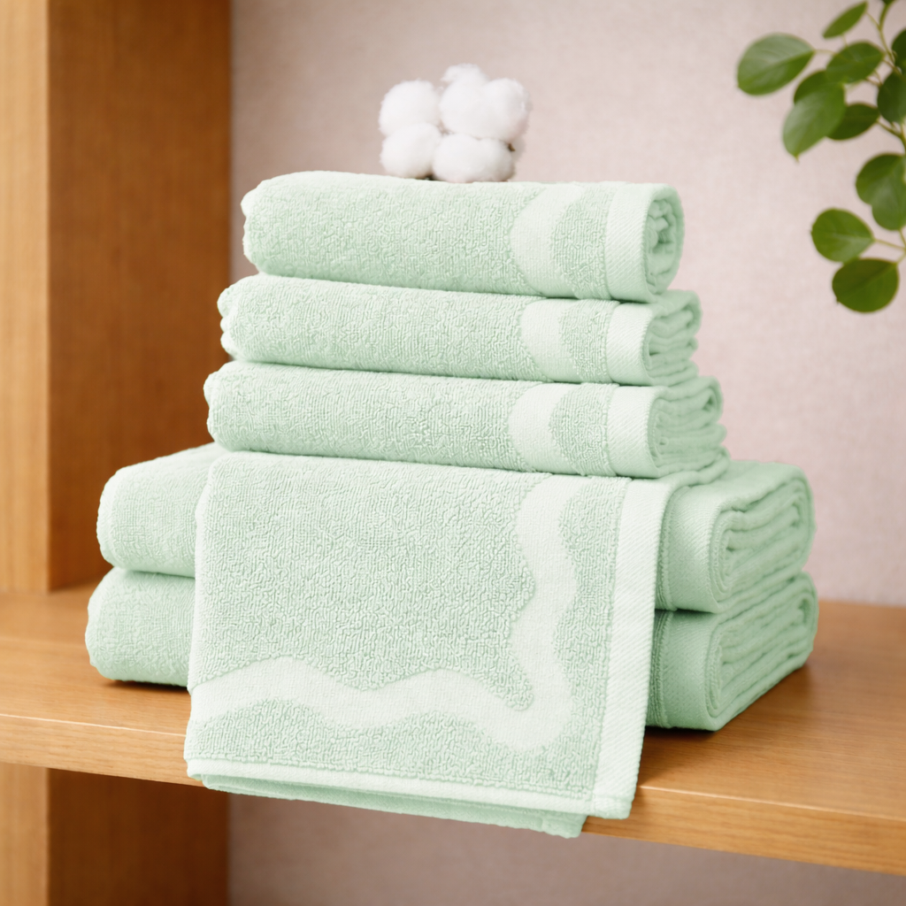 Stack of green towels on a wooden surface with a neutral background