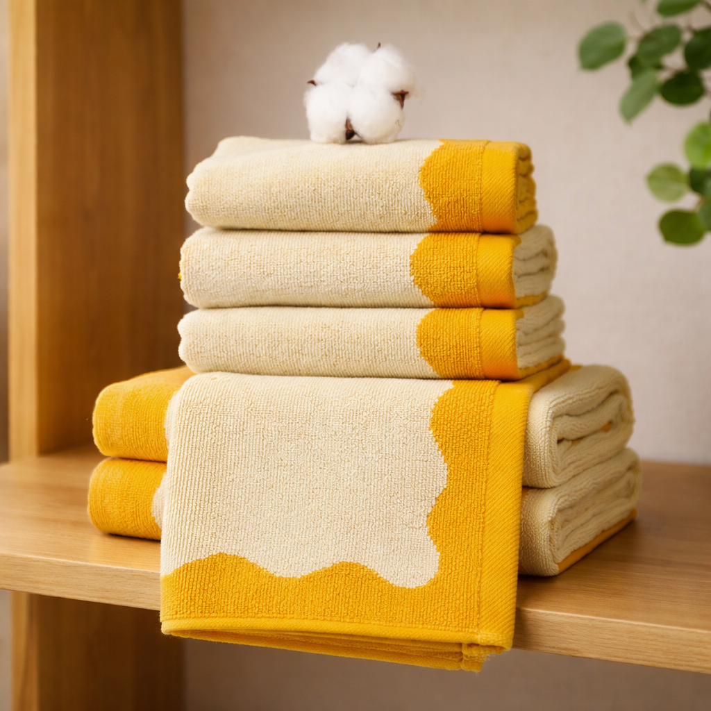 Stack of yellow and beige towels on a wooden shelf with a cotton ball on top.