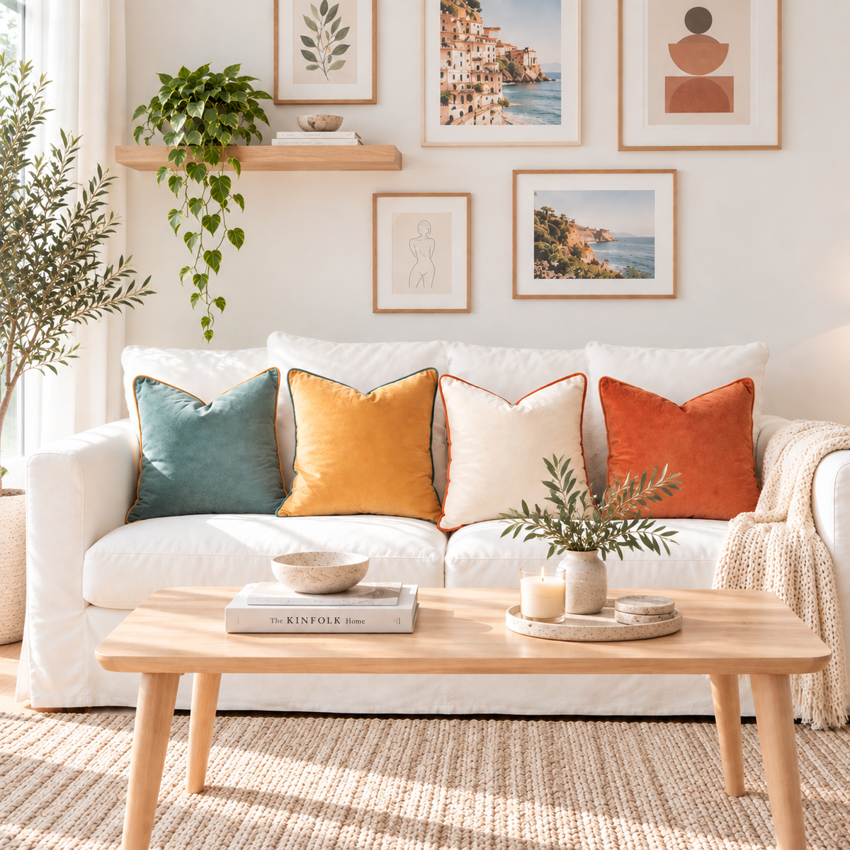 A styled living room scene with a white sofa adorned with four decorative throw pillows in teal, mustard yellow, cream, and rust orange. In front of the sofa is a light wood coffee table with books, candles, and small plants, set on a woven rug.