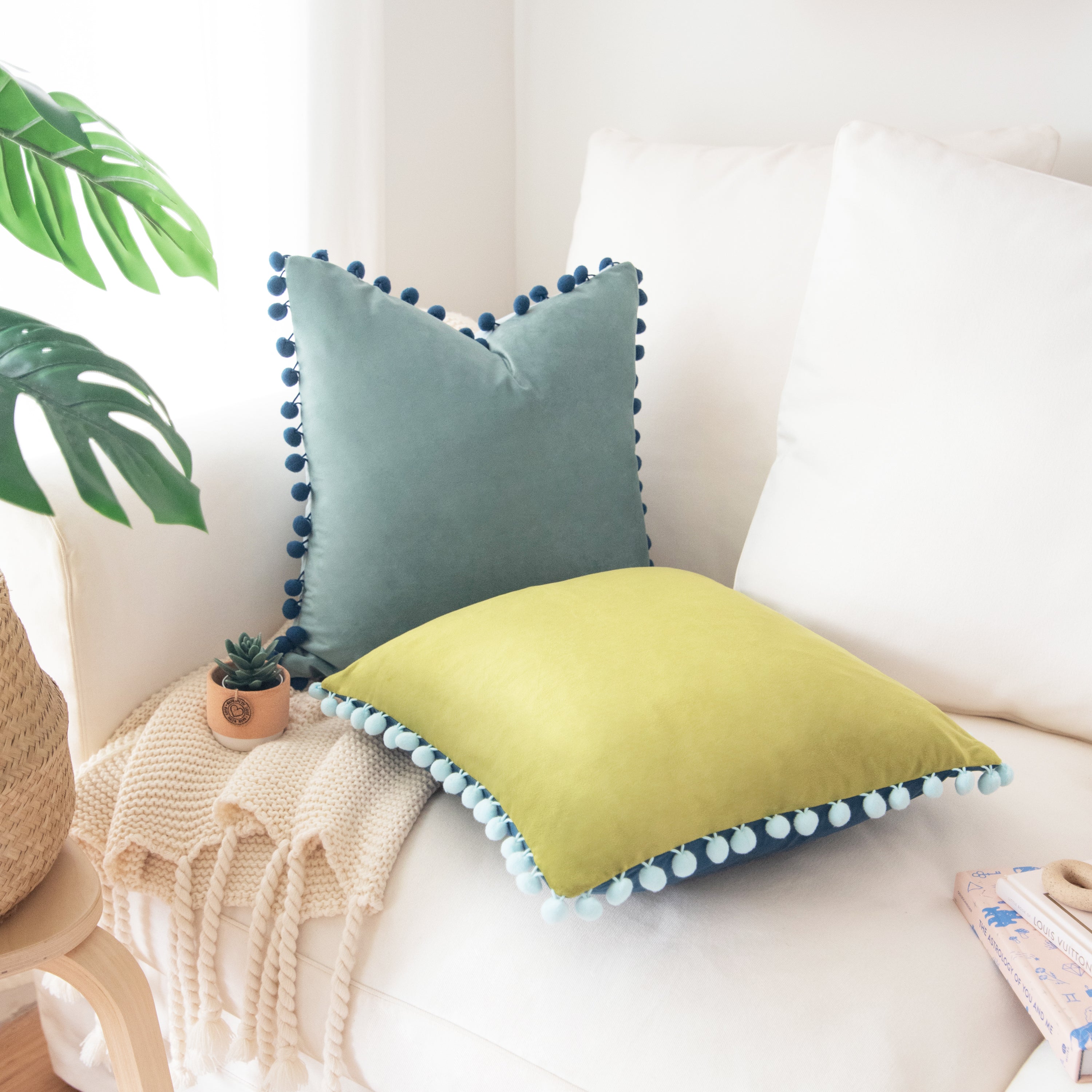 pom pom trim green blue  decorative throw pillow covers velvet