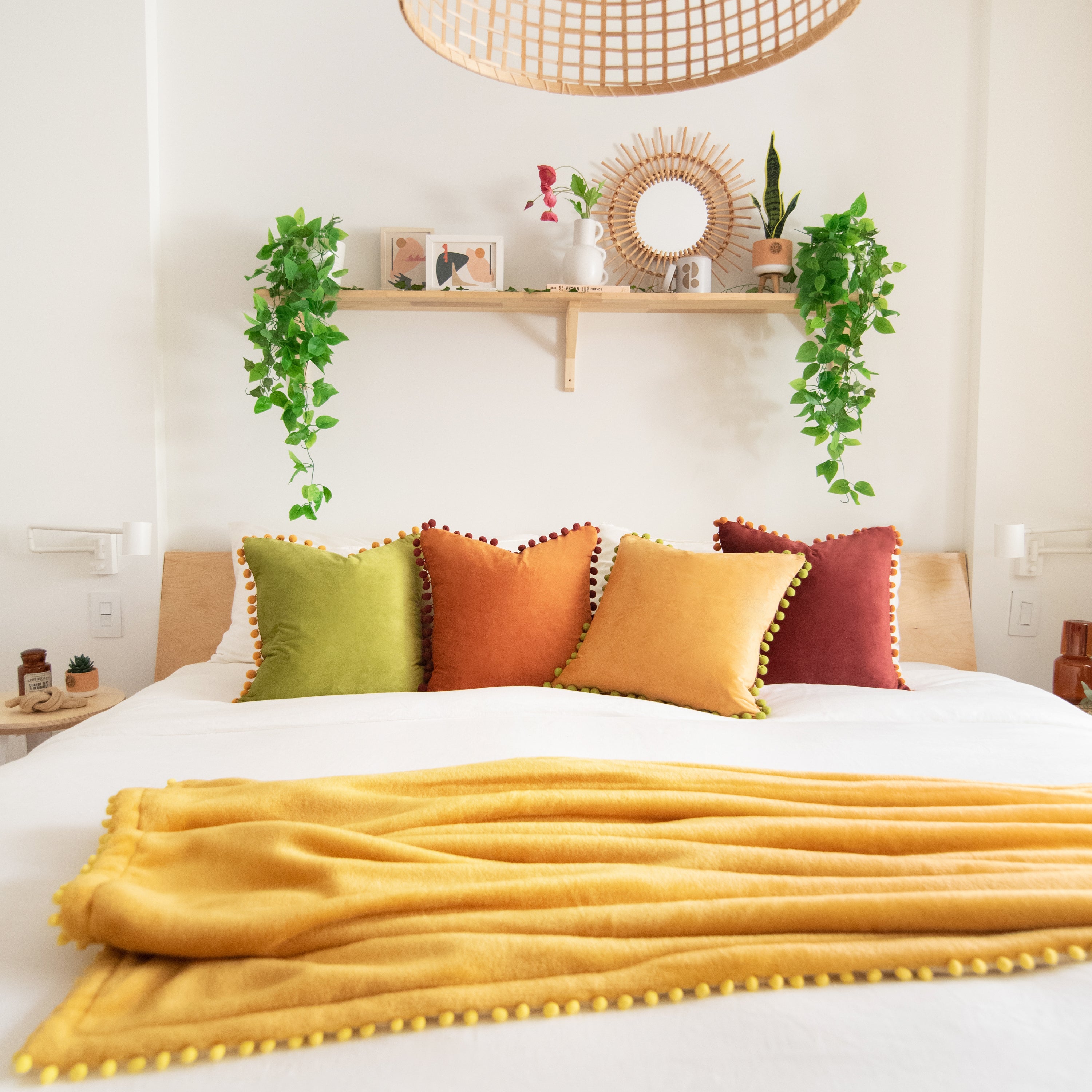 pom pom trim orange plum olive green yellow decorative throw pillow covers velvet soft