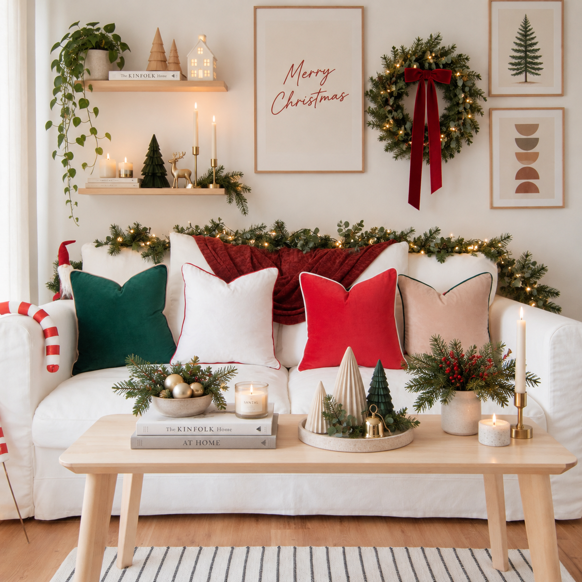 A styled living room scene with a white sofa decorated with green and red Christmas pillows, a red wreath with a ribbon, a wooden coffee table with holiday decor, and framed wall art including a 'Merry Christmas' print.