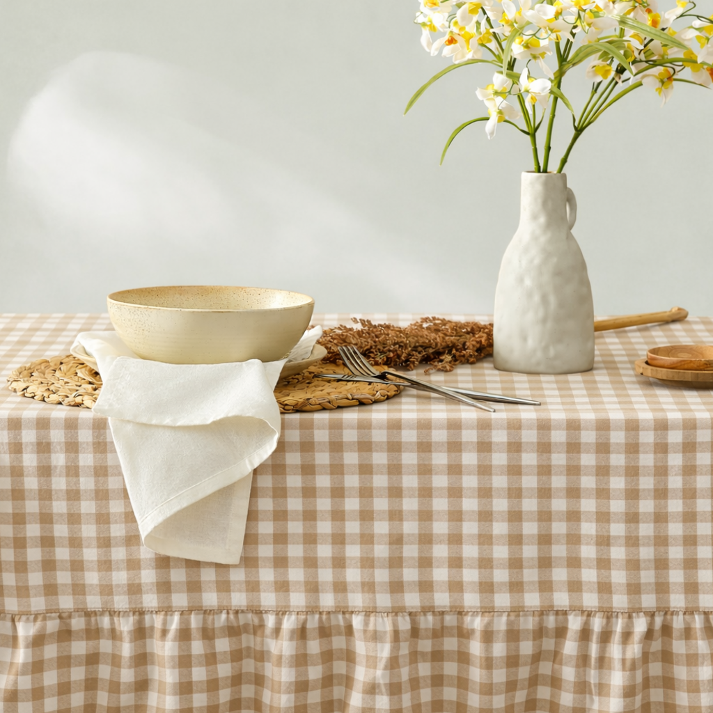 Table setting with a beige bowl, white napkin, and vase of flowers on a checkered tablecloth.