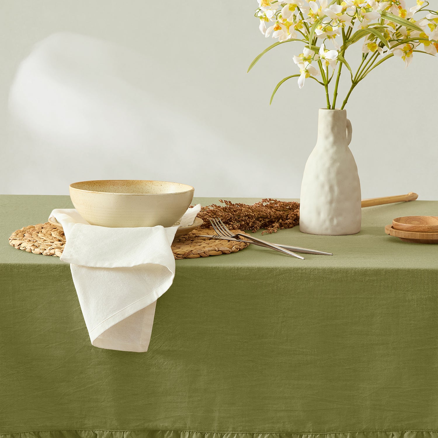 olive green stonewashed cotton tablecloth dining table