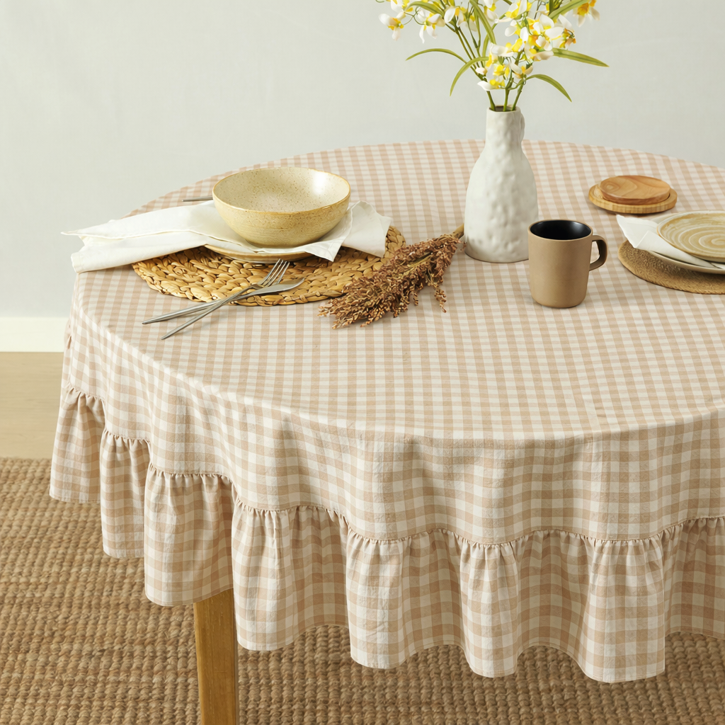Round table with a checkered tablecloth, plates, bowl, mug, and vase with flowers.