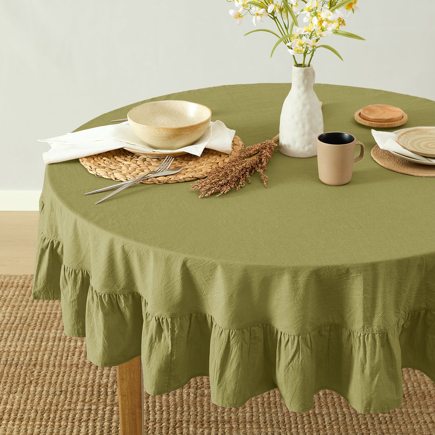 olive green stonewashed cotton tablecloth dining table