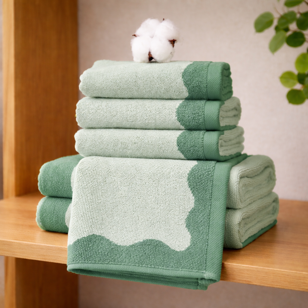 Stack of green towels on a wooden shelf with a cotton ball on top