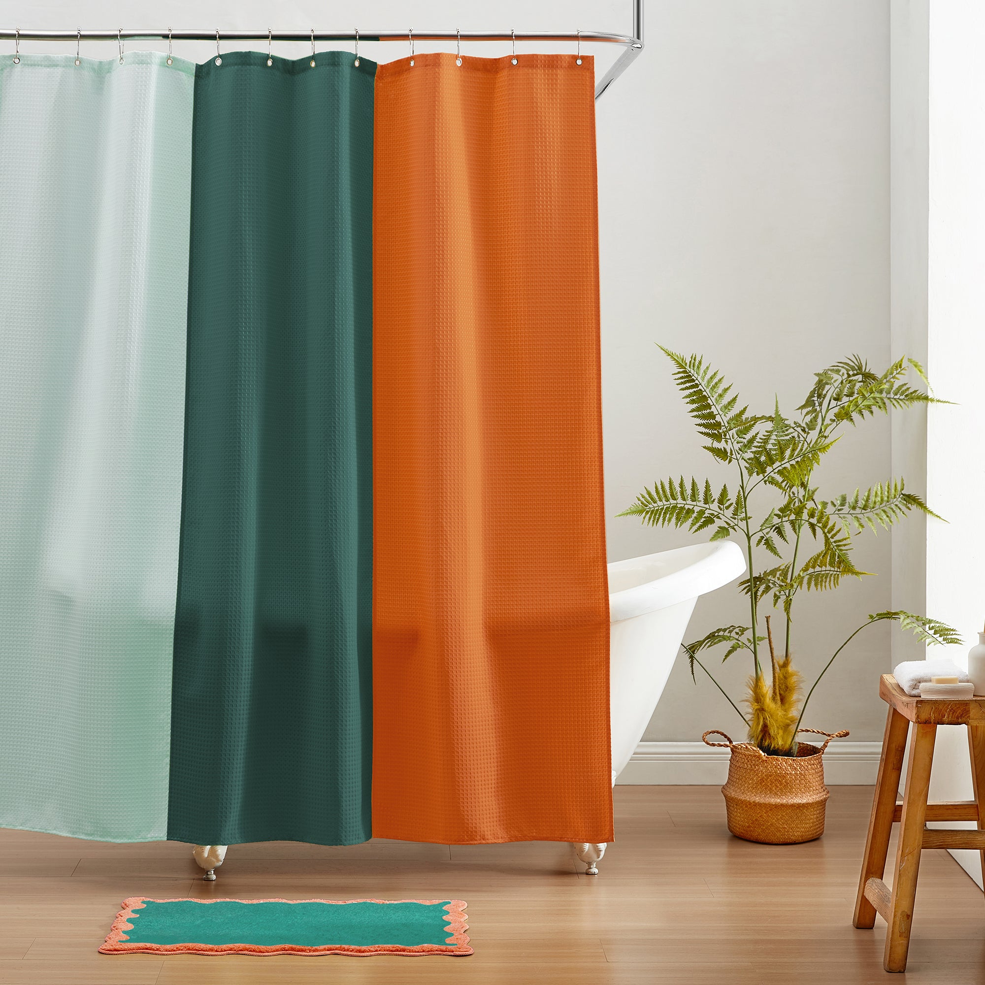 bath mat teal peach scalloped wavy edge