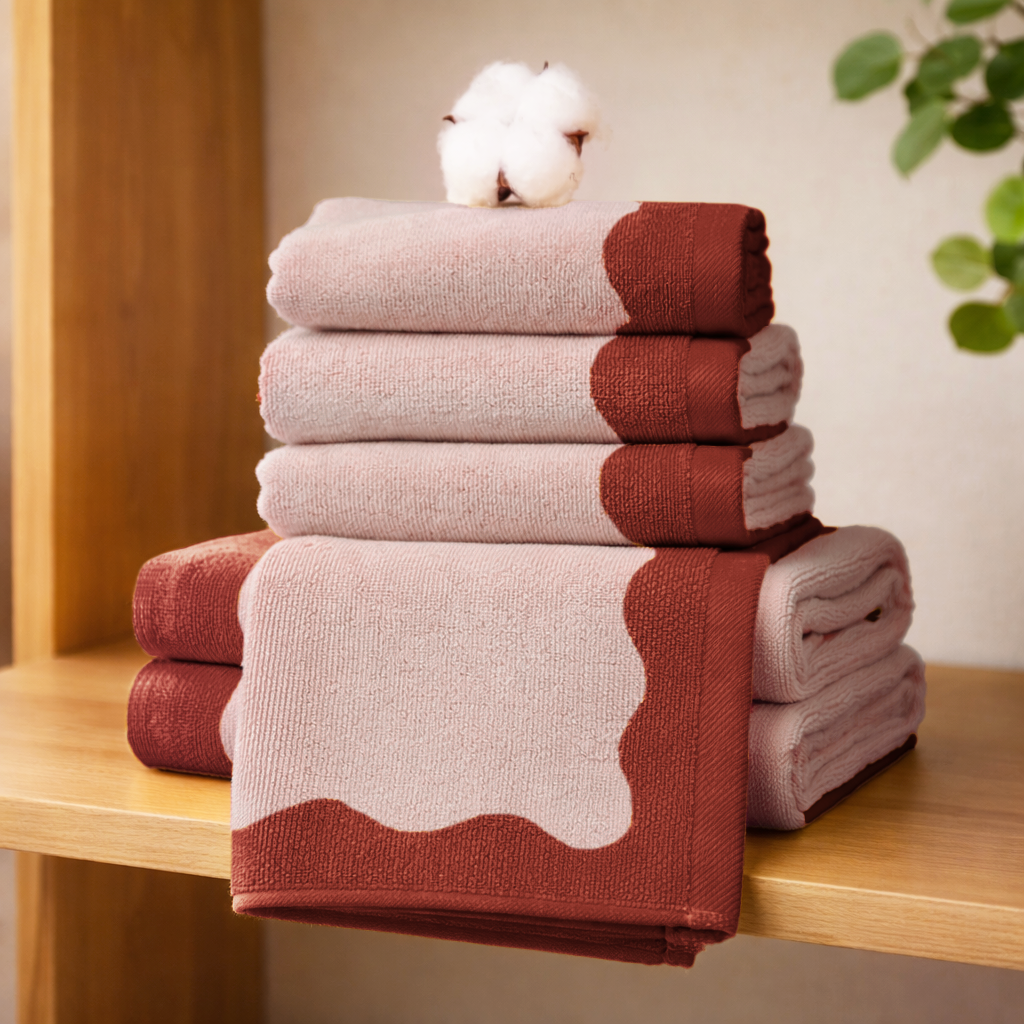 Stack of red and beige towels on a wooden shelf with a plant in the background