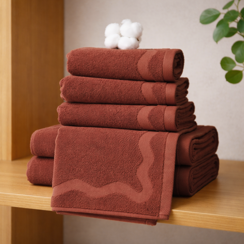 Stack of brown towels on a wooden surface with a neutral background