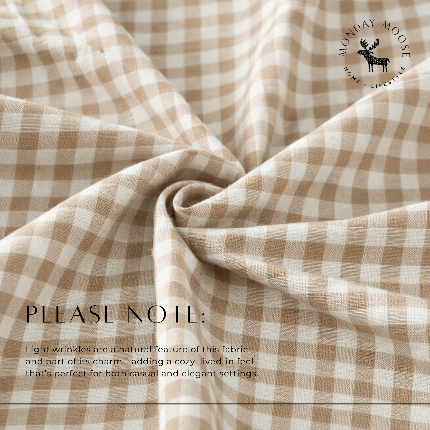 Brown and white checkered fabric with a brand logo in the corner