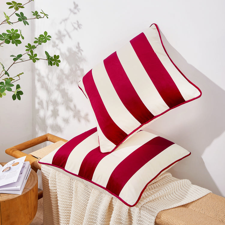 striped velvet pillows set of two red white christmas