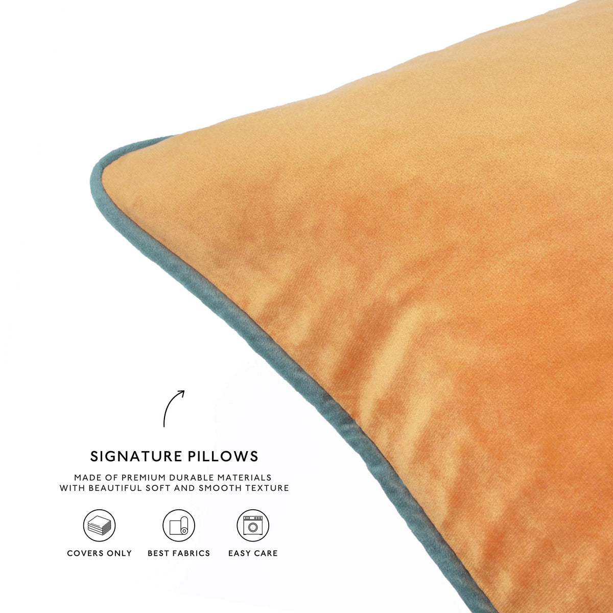 Orange pillow with a blue border on a white background