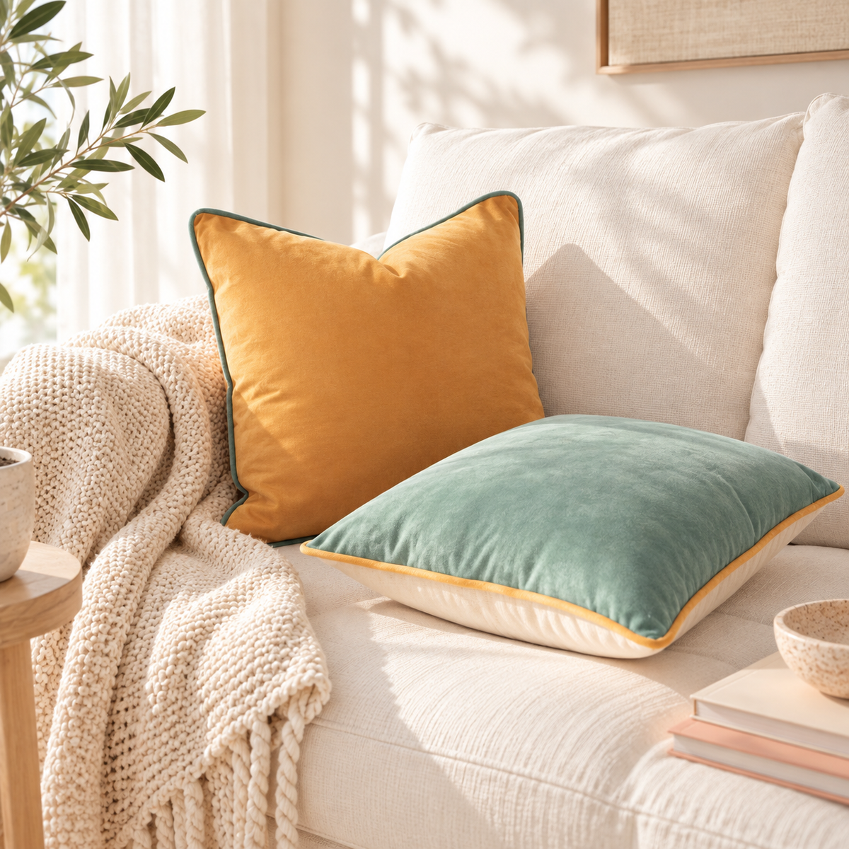 Two decorative throw pillows on a cream sofa in a sunlit living room: one mustard yellow pillow with dark green piping and one sage green pillow with yellow piping. A cream knit throw blanket and books are also visible.