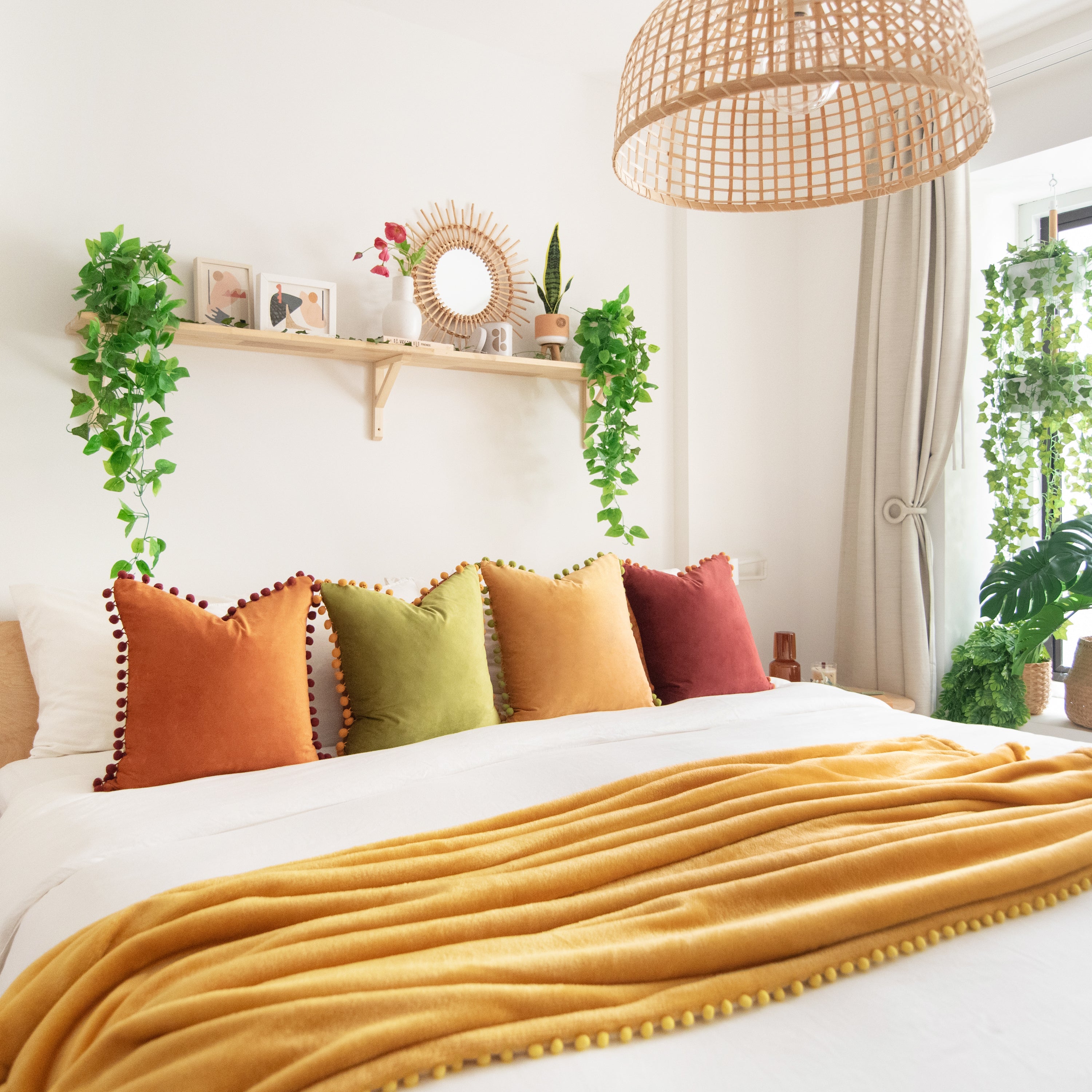 pom pom trim orange plum olive green yellow decorative throw pillow covers velvet soft