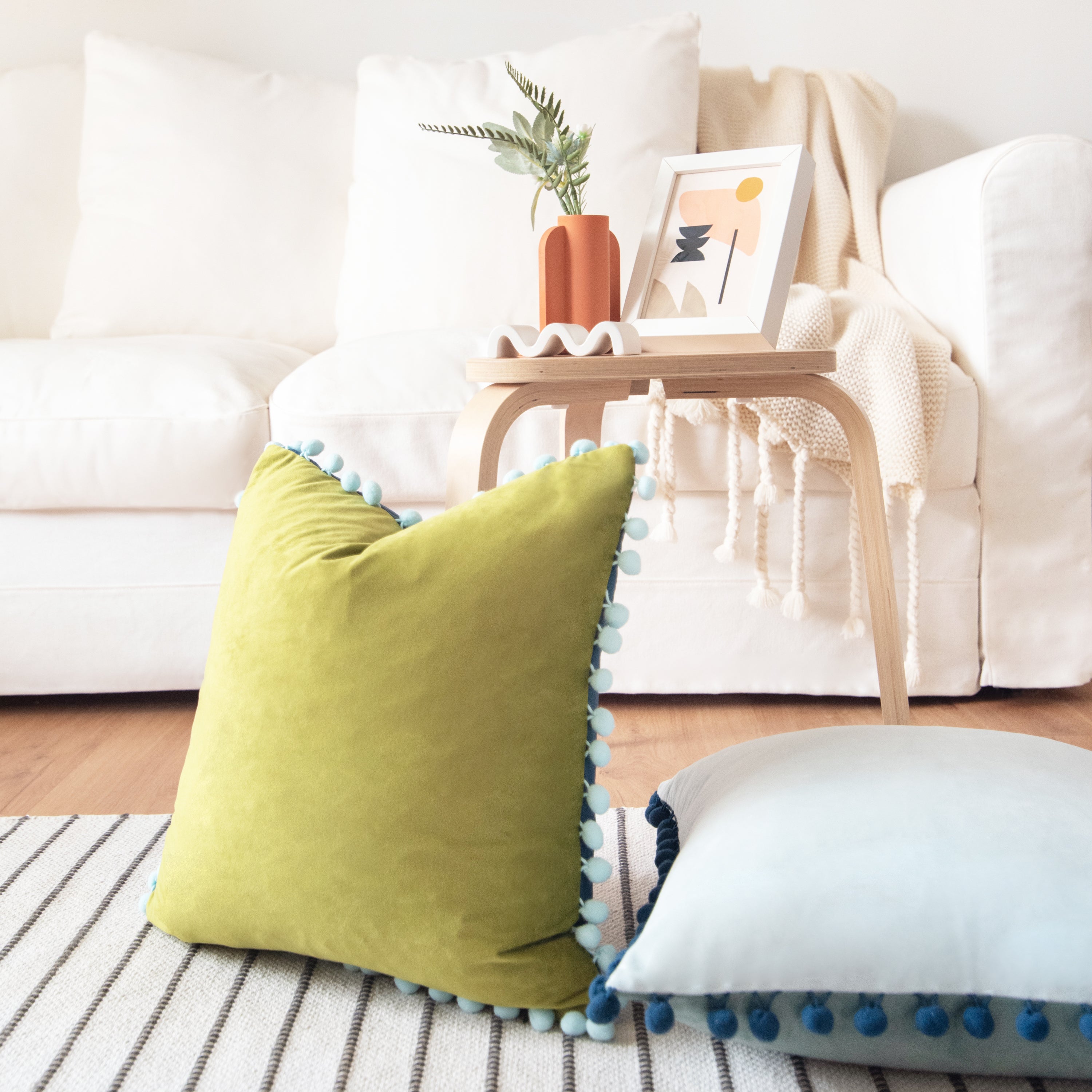 pom pom trim green blue  decorative throw pillow covers velvet