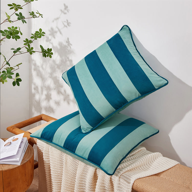 striped velvet pillows set of two blue light blue