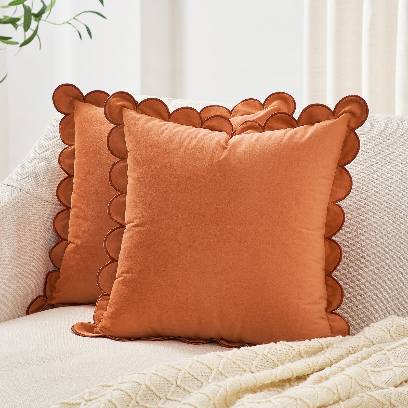 Orange scalloped-edge pillows on a white couch with a light blanket and plant in the background.