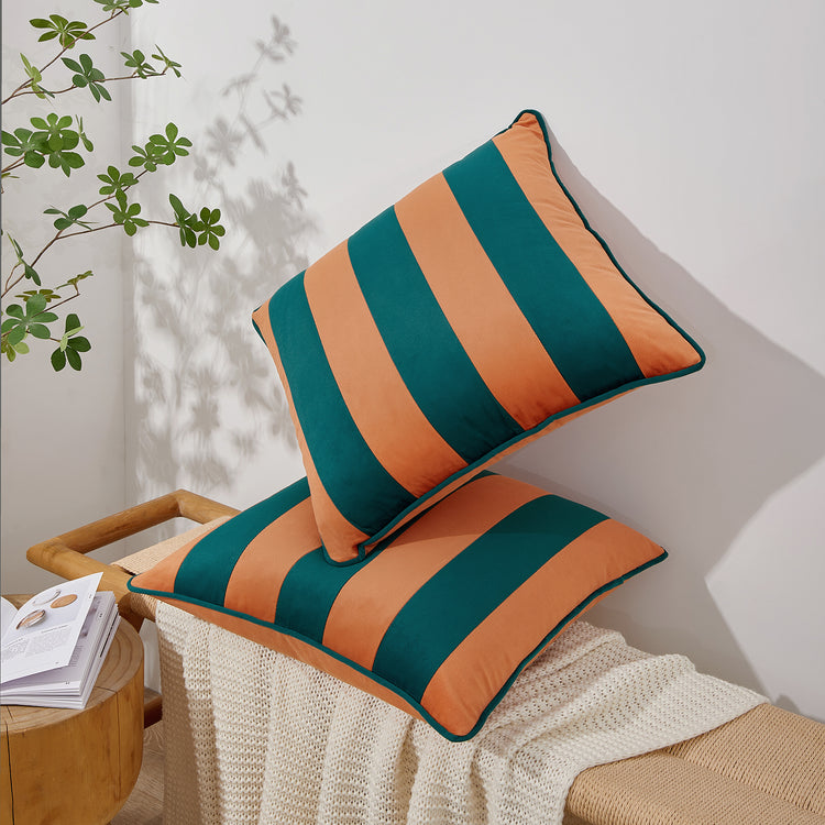 striped velvet pillows set of two coral dark teal