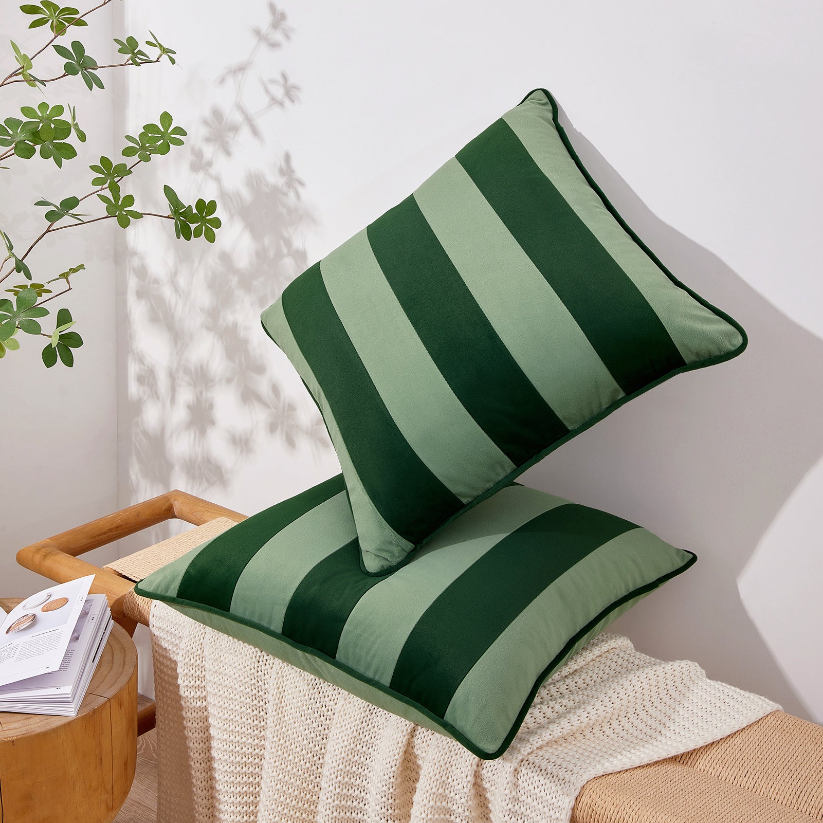 striped velvet pillows set of two green light green