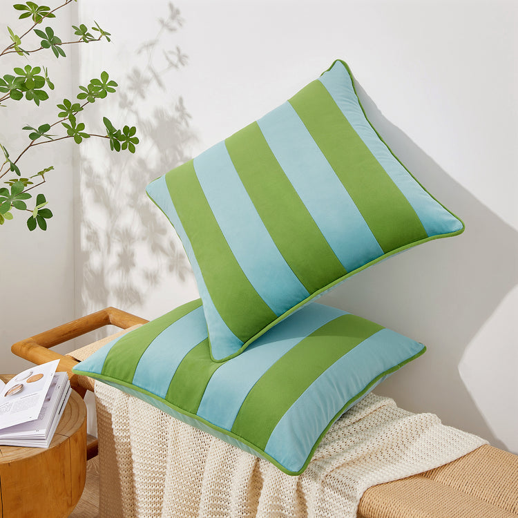 striped velvet pillows set of two light green light blue