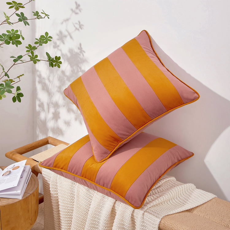 striped velvet pillows set of two pink yellow