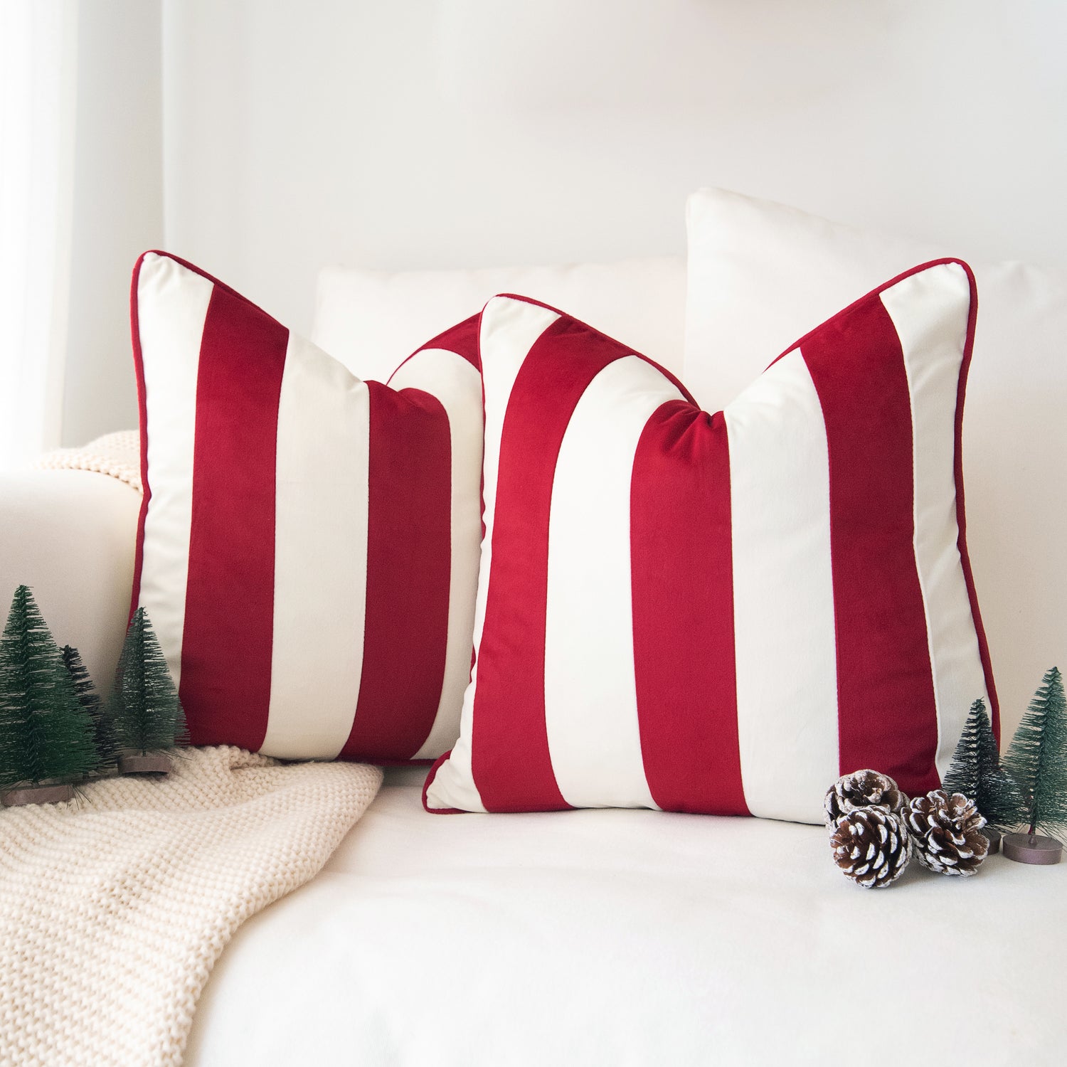 striped velvet pillows set of two red white christmas