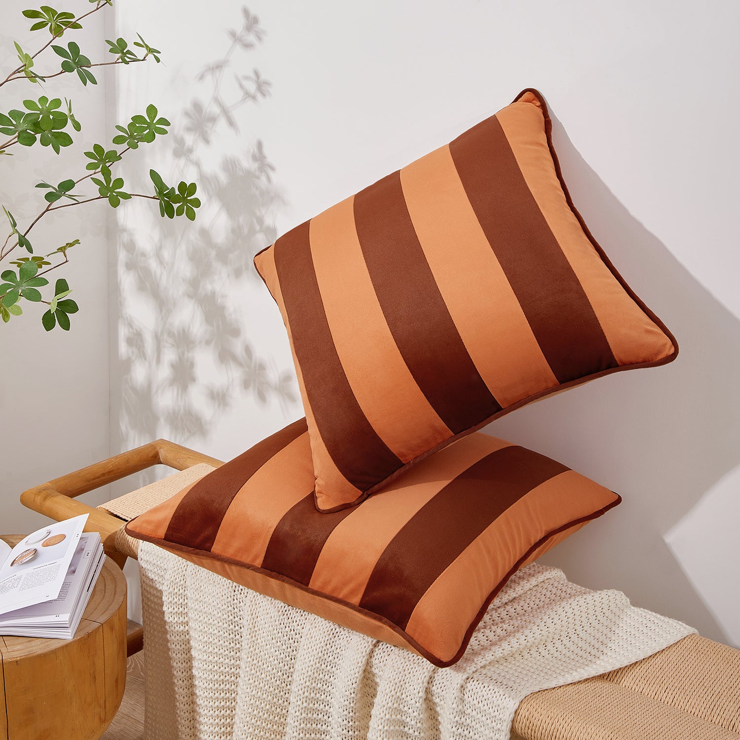 striped velvet pillows set of two rust coral