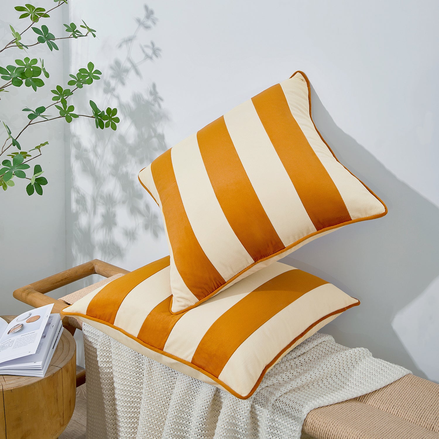 striped velvet pillows set of two yellow cream