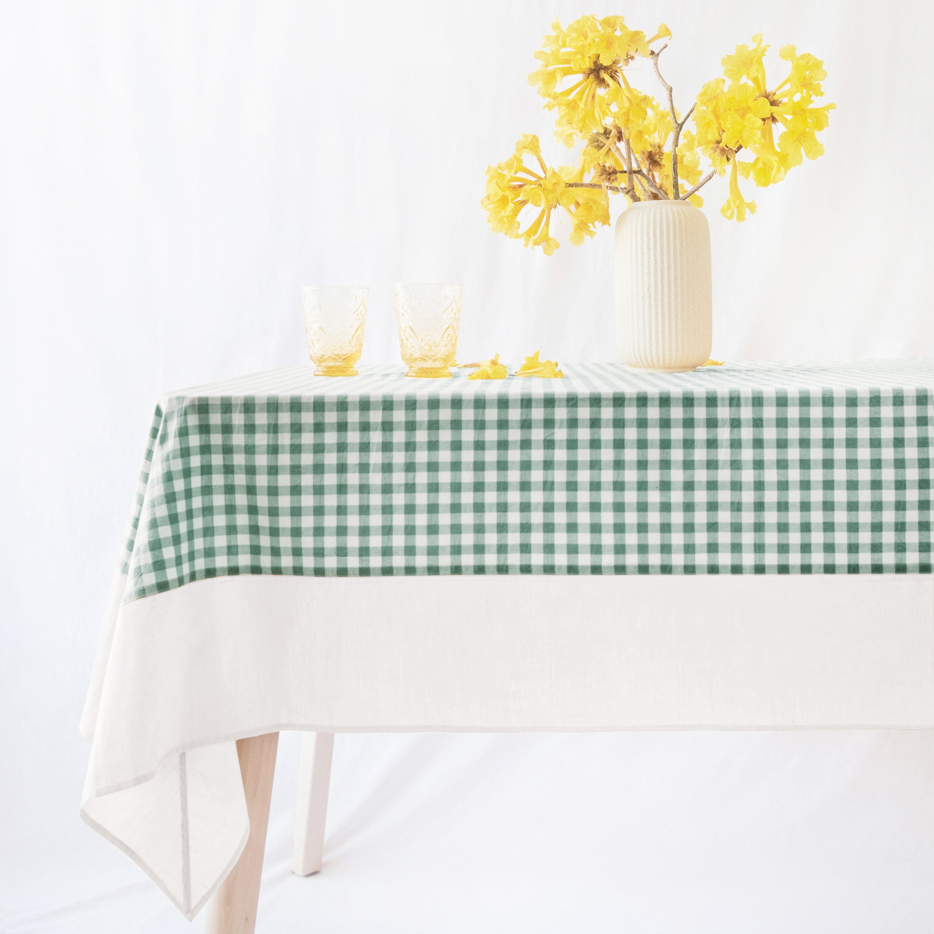 stonewashed cotton tablecloth gingham green white