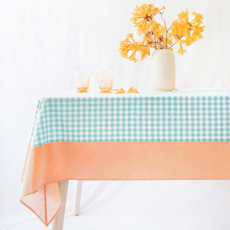 tablecloth gingham plaid buffalo checkered cotton stonewashed teal orange white rectangle