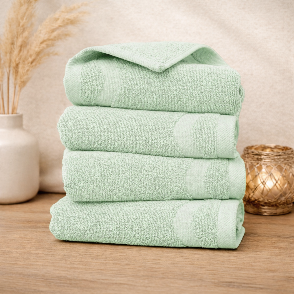 Stack of green towels on a wooden surface with decorative elements.