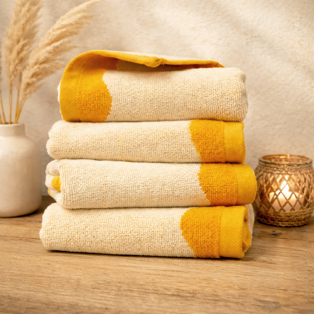 Stack of folded towels with yellow accents on a wooden surface.