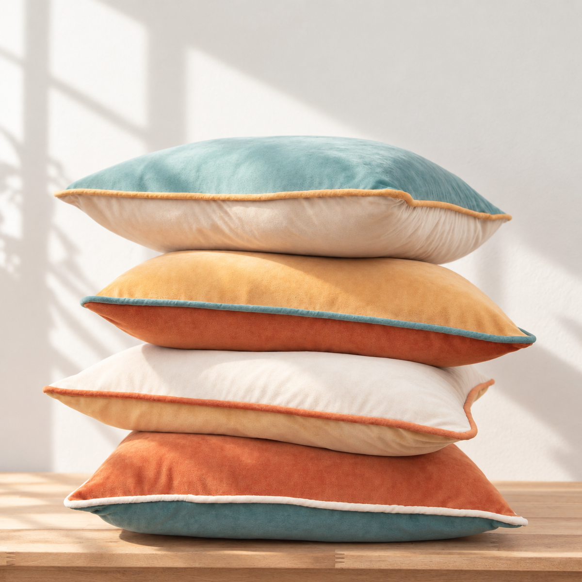 A stack of four decorative throw pillows in teal, mustard yellow, cream, and rust orange velvet, arranged on a light wooden table against a white wall with soft window shadow patterns.