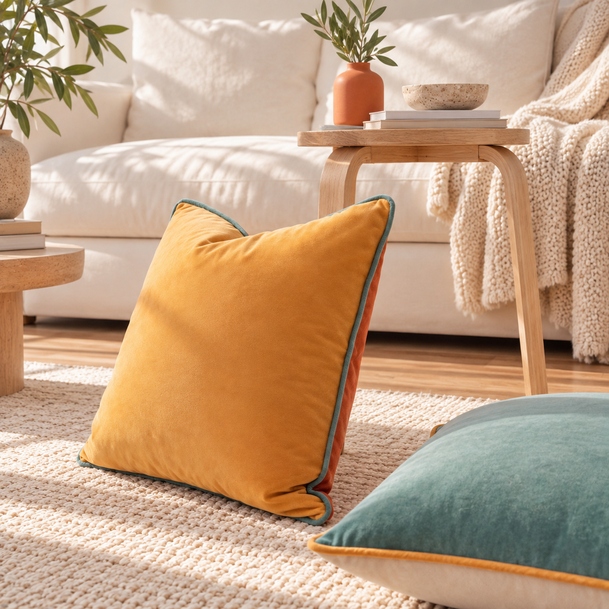 A mustard yellow velvet throw pillow with teal piping stands on a textured cream rug in a bright, modern living room. A matching teal pillow is partially visible in the foreground, with a wooden side table and a white sofa in the background.
