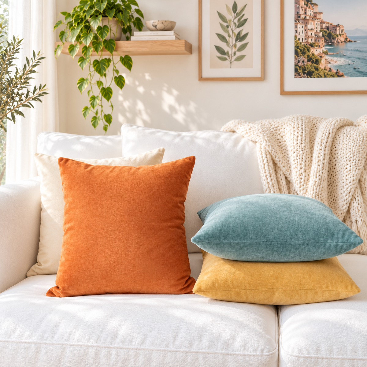 velvet decorative throw pillow covers orange teal yellow beige