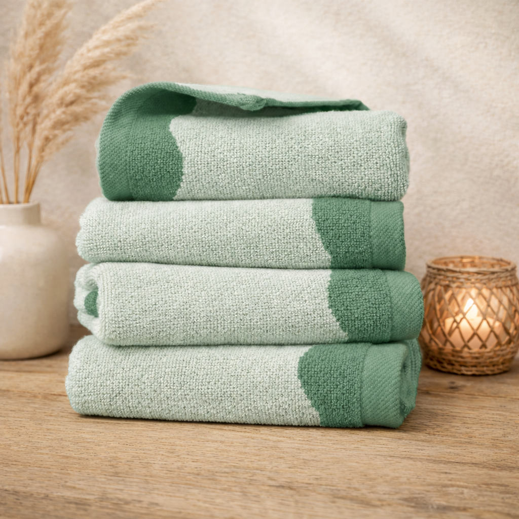 Stack of green and white towels on a wooden surface with decorative elements.
