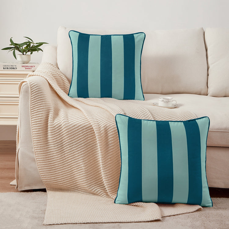 striped velvet pillows set of two blue light blue