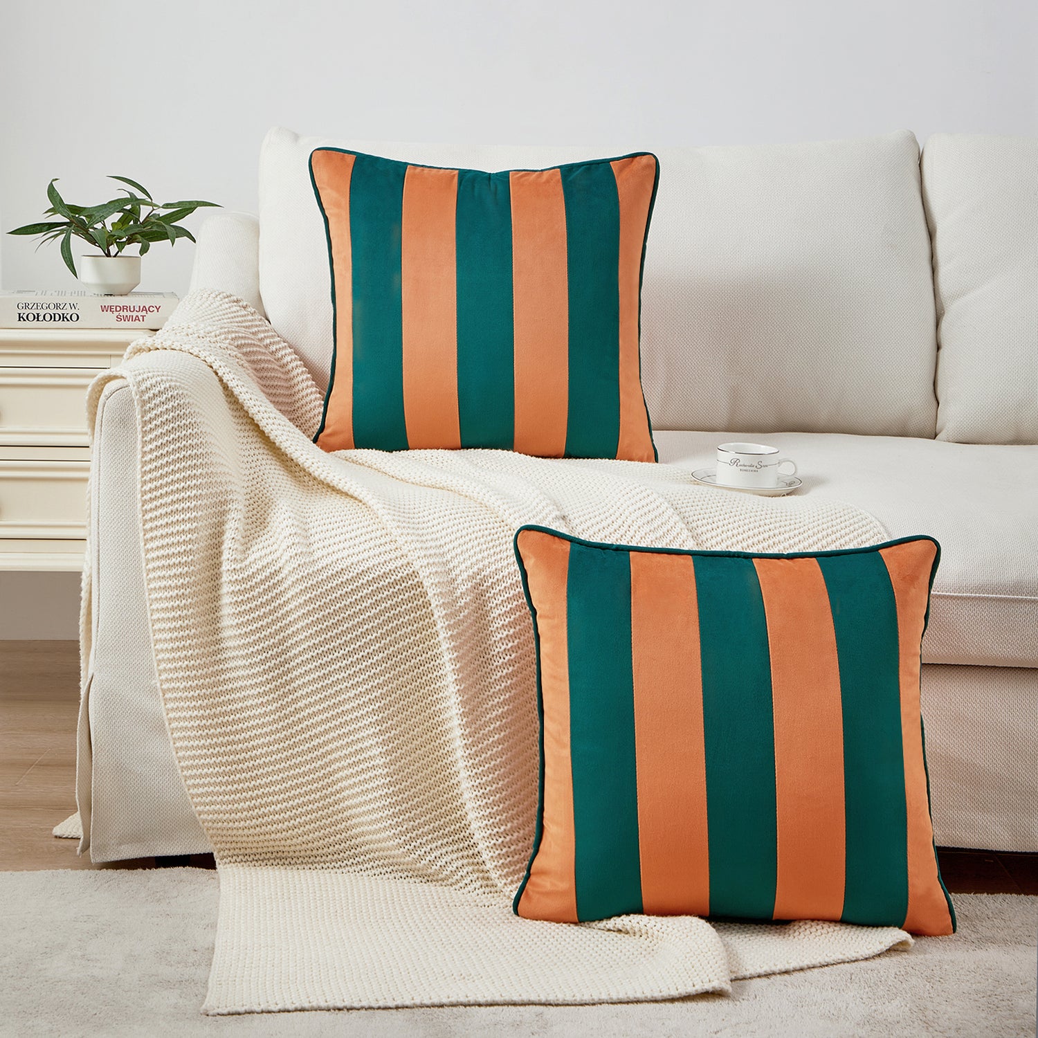 striped velvet pillows set of two coral dark teal