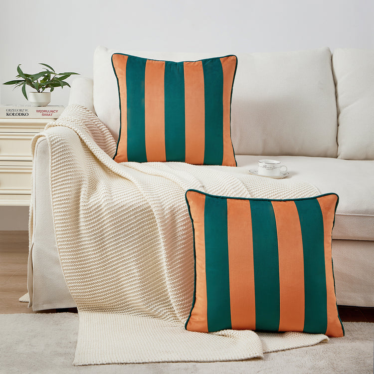 striped velvet pillows set of two coral dark teal