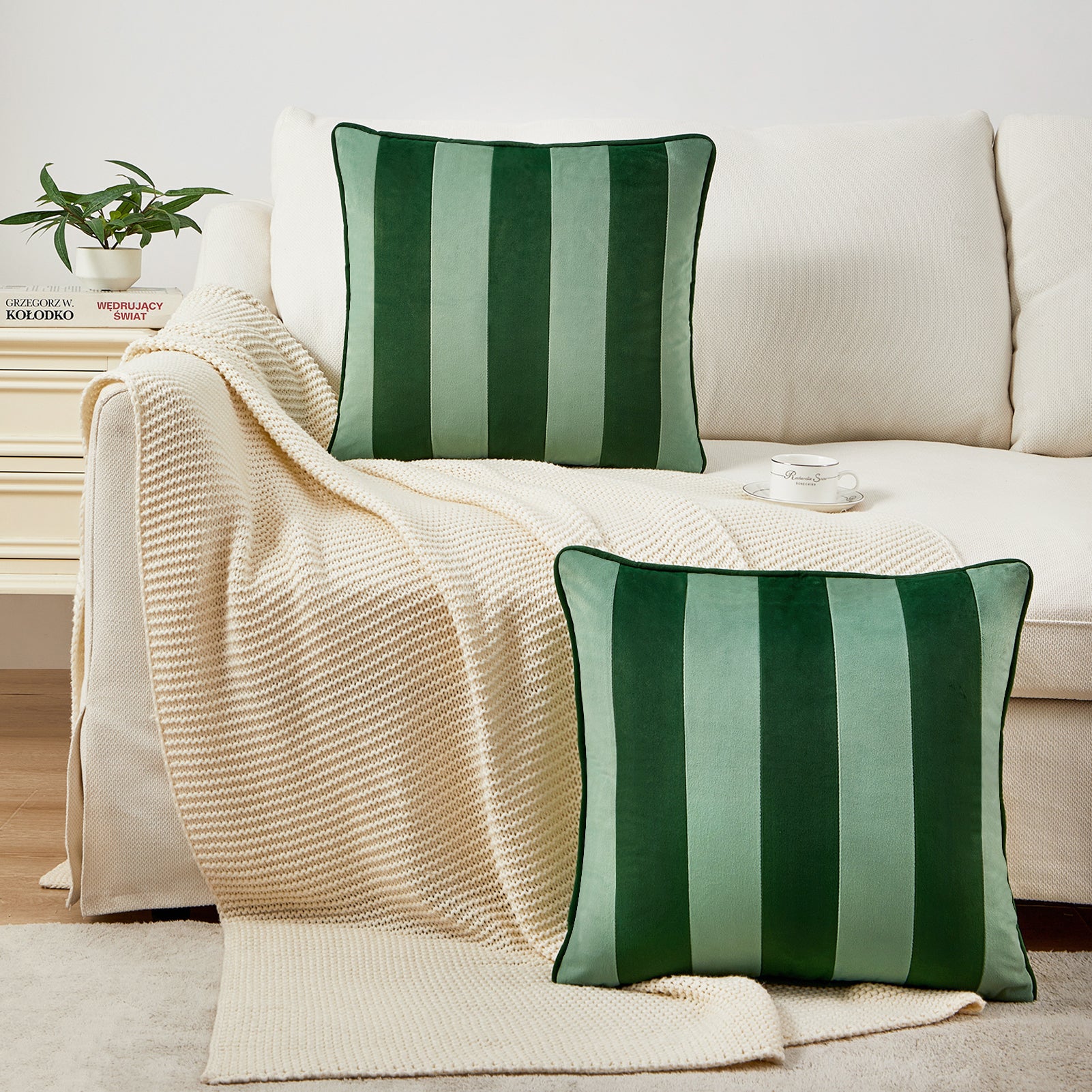 striped velvet pillows set of two green light green