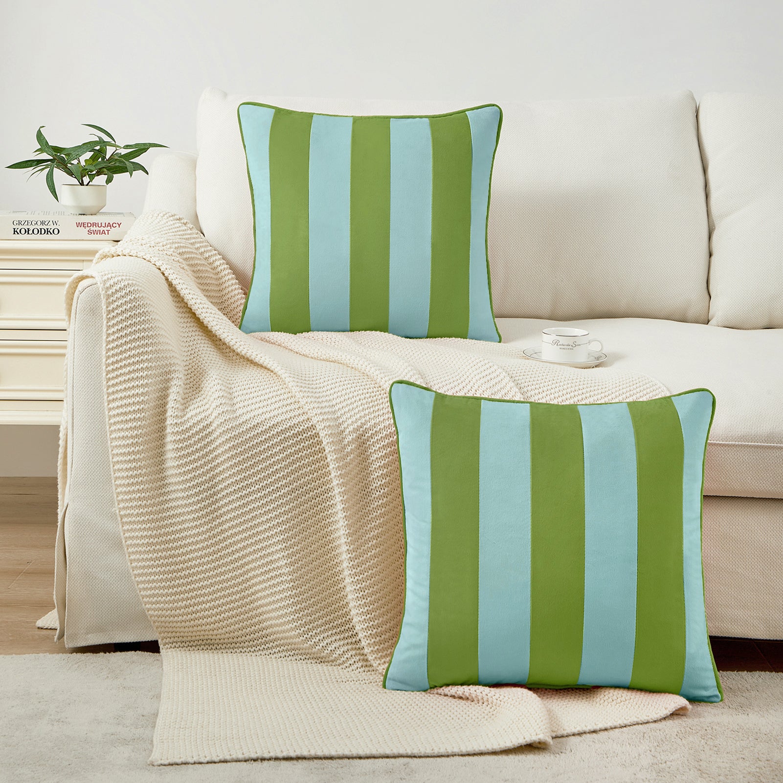 striped velvet pillows set of two light green light blue