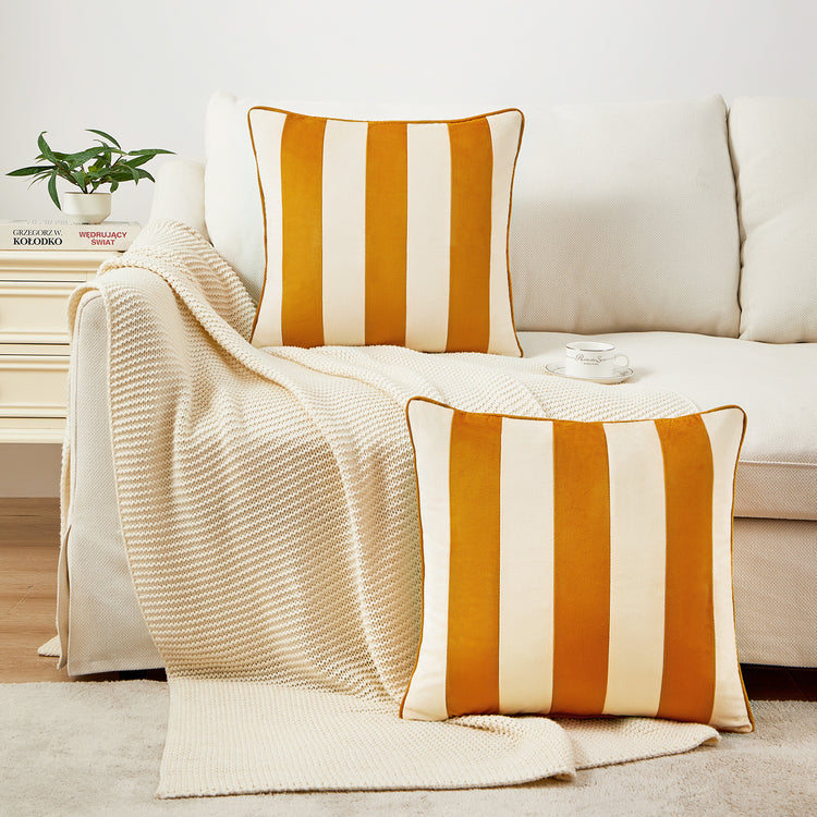 striped velvet pillows set of two yellow cream