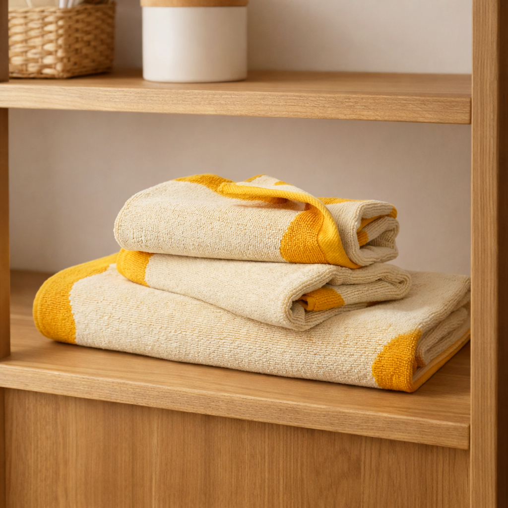Stack of beige and yellow towels on a wooden shelf