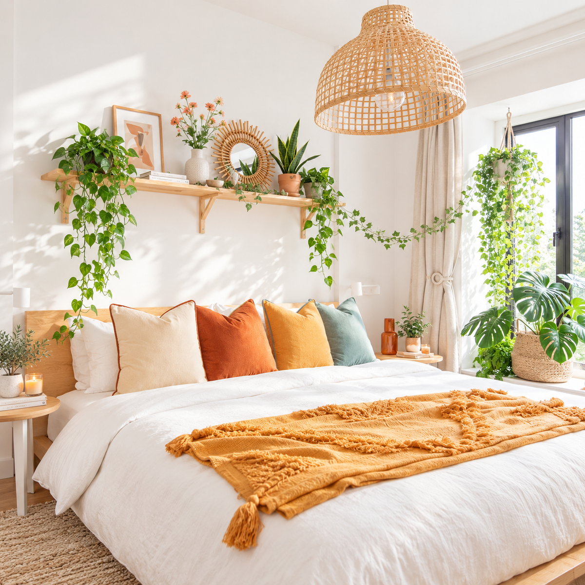 A beautifully styled bohemian bedroom featuring a bed with white bedding, a mustard yellow fringed throw blanket, and a row of cream, rust, and sage green pillows. The headboard wall is decorated with a wooden floating shelf holding framed art, a round mirror, and several green potted plants, including a trailing heartleaf vine.