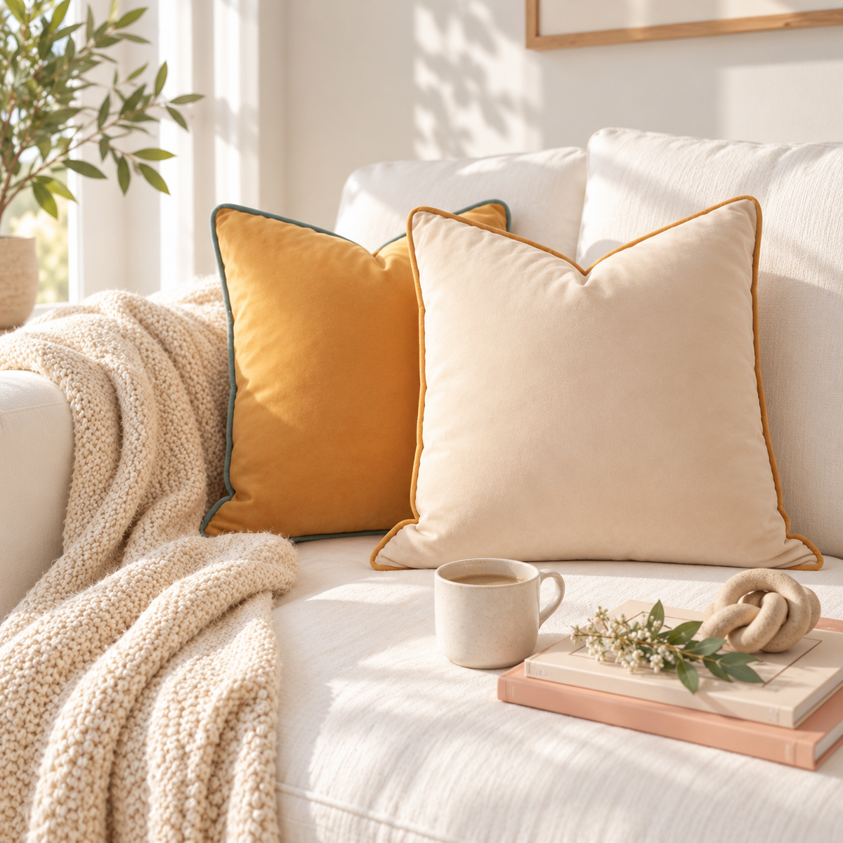 Two decorative throw pillows on a white sofa in a bright, sunlit room. One pillow is mustard yellow with a dark green piped edge, and the other is cream with a mustard yellow piped edge.