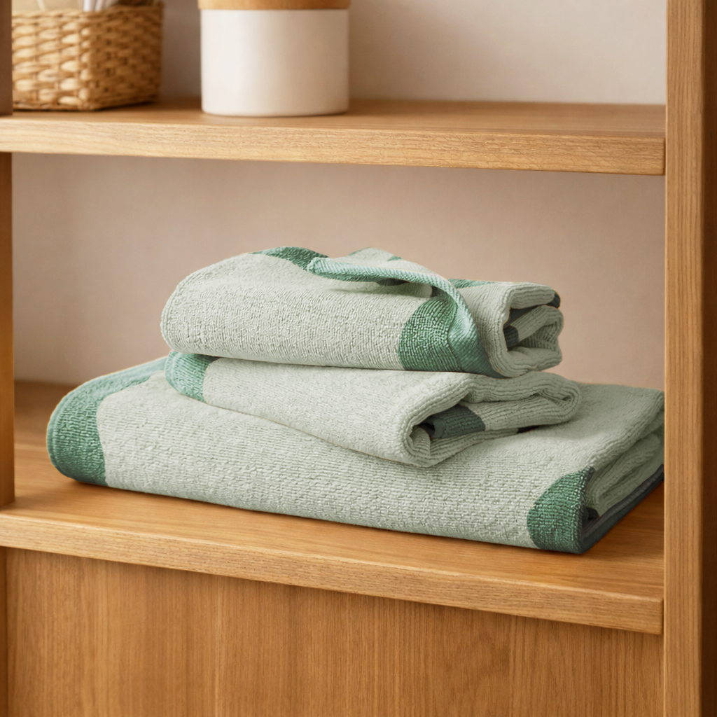 Stack of green and white towels on a wooden shelf